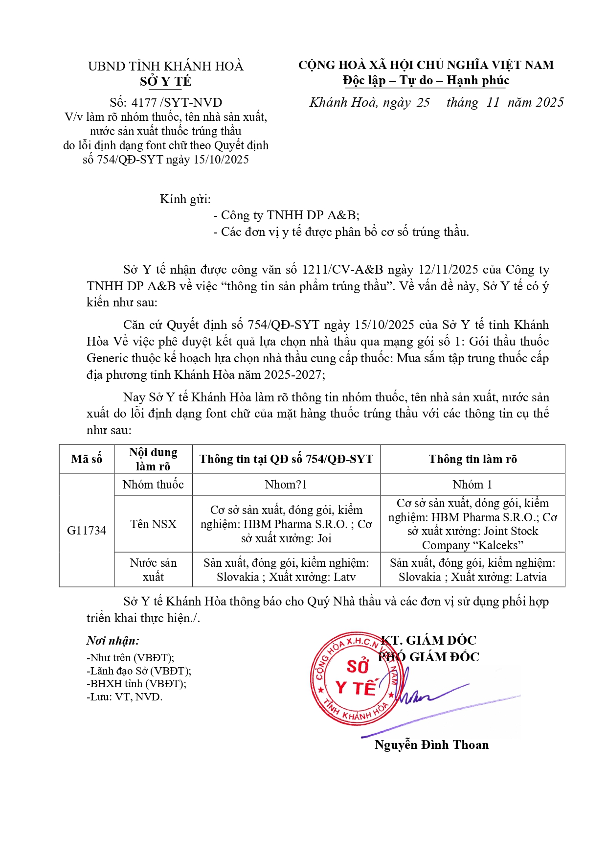 V/v làm rõ nhóm thuốc, tên nhà sản xuất, nước sản xuất thuốc trúng thầu do lỗi định dạng font chữ theo Quyết định số 754/QĐ-SYT ngày 15/10/2025